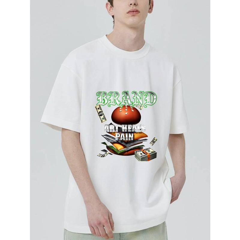 

Black T Shirt With Brand Art Heals Pain Burger And Money Print For Casual Wear XXXXL білий
