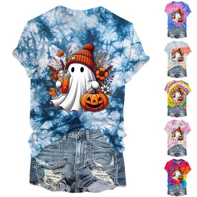 Camiseta feminina casual de manga curta com estampa de Halloween e gola redonda
