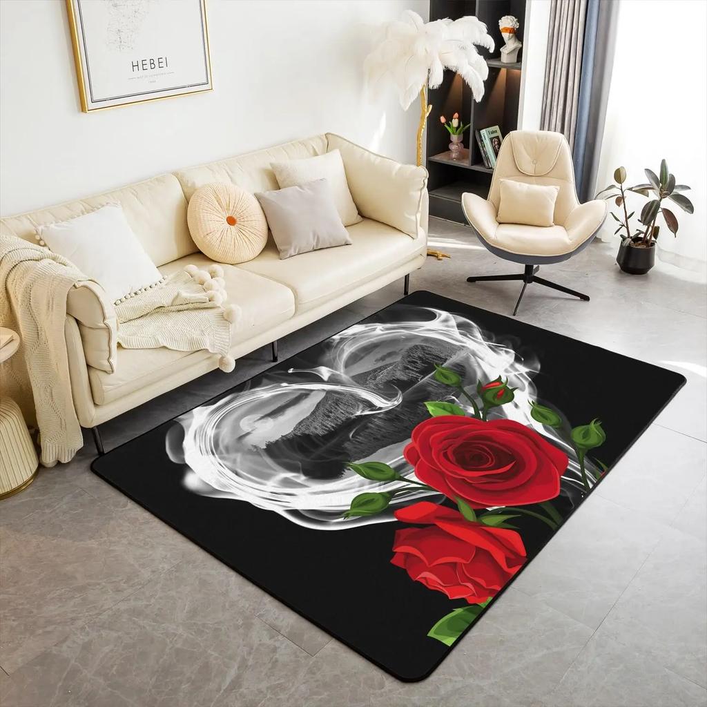 Carpet for Living Room Romantic Black White Red Rose Flower Painting Area Rug Abstract Non-Slip Bedside Floor Mats Home Decor