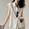 Women Solid Color Linen Blend Shirt Cap Sleeve Point Collar Loose Fit Casual Button Up Blouse