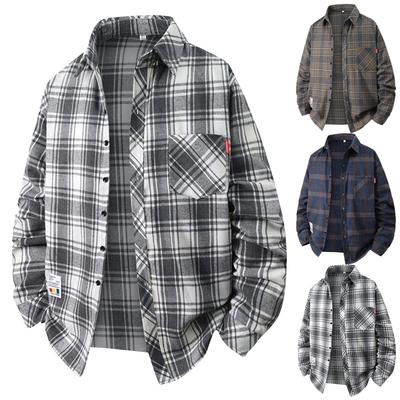Men's Spring Plaid Youth Fashion Loose Stand Collar Long Sleeve Shirt