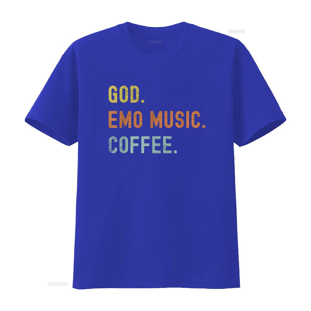 Vintages Emo Music And Coffee Distressed T Shirt vintage Washed Soft Breathable Stylish Versatile Unisex homme Casual Stretched