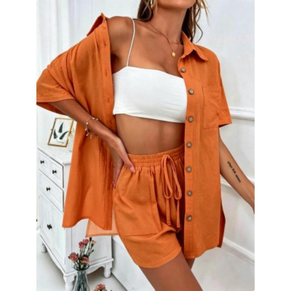 European American Outdoor Street Women's Shirt Shorts 2-piece Set Summer Women's Short Sleeved Shirt Shorts Home Vacation Casual Women's Set