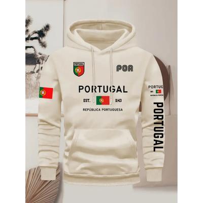 Men's Portuguese Flag Printed Hoodie - Red and Green Color Fan Clothing, Adjustable Hood and Kangaroo Pocket