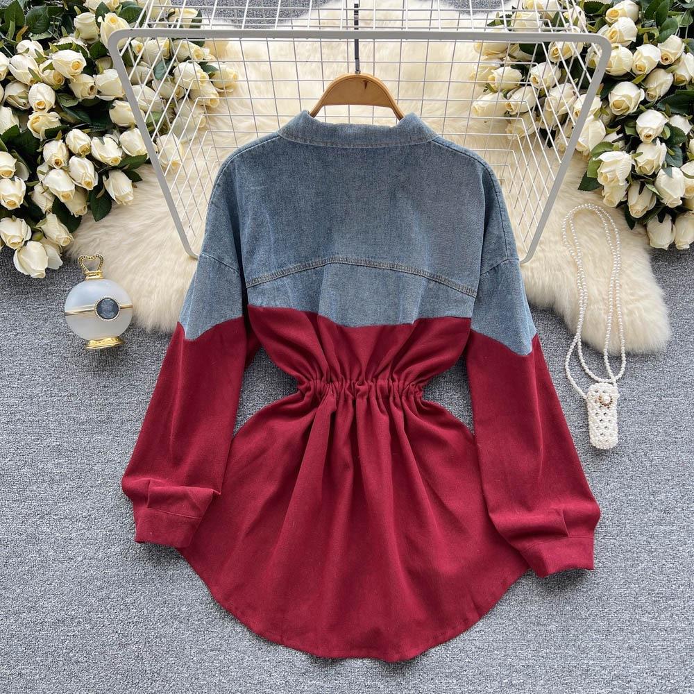 Dlouhý rukáv Letní Dámská Cowboy Splicing Color Collision Temperamentní Dlouhá košile