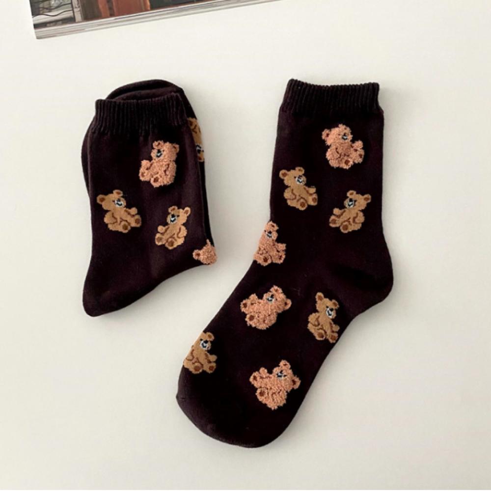 1~5pair Korean Teddy Bear Socks – Cute Cozy Women’s Cotton Socks – 5 Colors Set – K-Fashion Trending Gift Idea