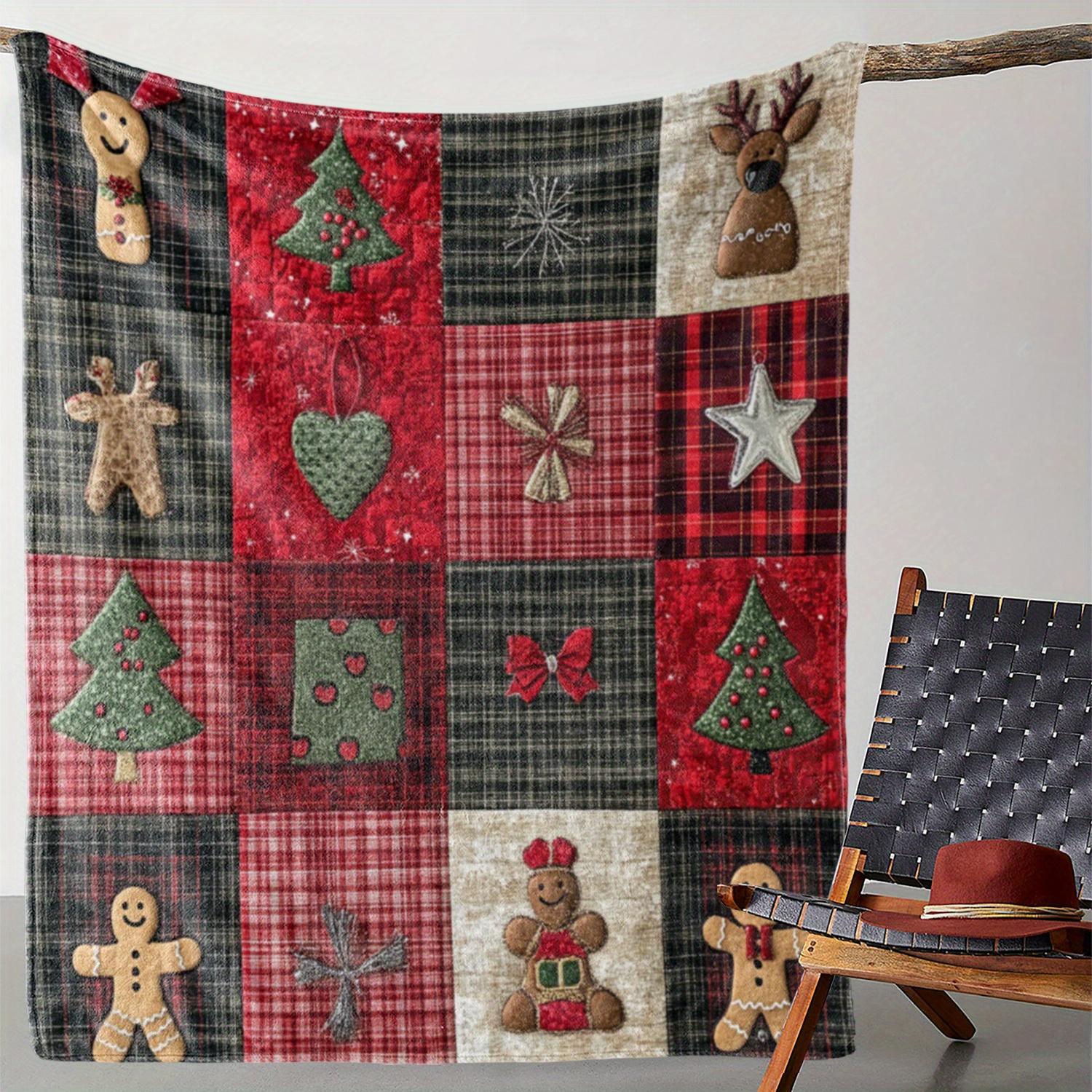 

1pc Christmas Patchwork Blanket with Gingerbread Man & Tree, Gift for Xmas Celebrations, Ideal for Holiday Presents Home Decor 70X100cm