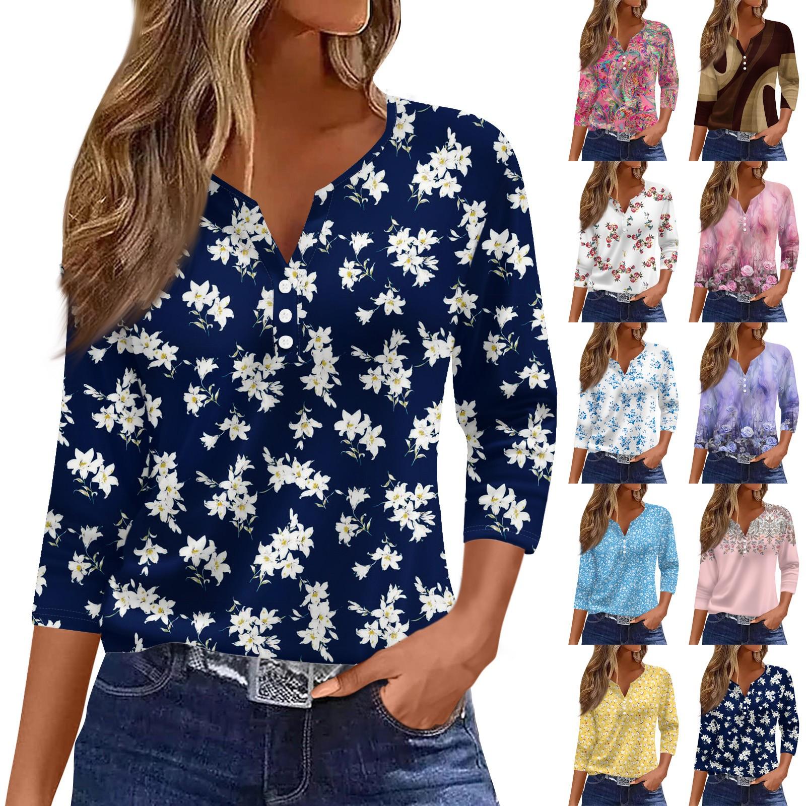 

Ladies Casual Fashion V-neck Loose Versatile Floral Print Three-quarter Sleeve Top L