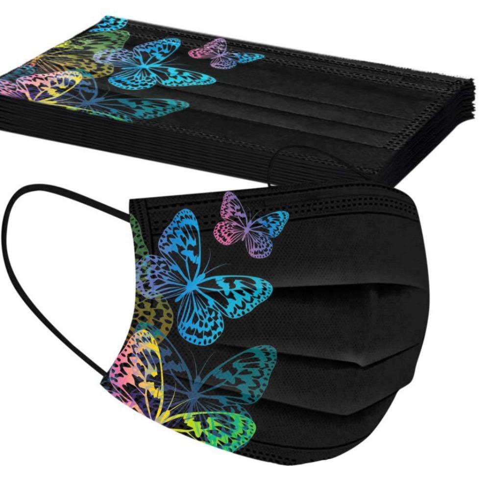 10pcs Colorful Butterfly Print Disposable Face Mask Black Non-woven Fabric Anti Dust Mask Three-layer Breathable