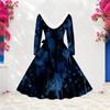 Women Plus Size V Neck Furry Trim Long Sleeve Printed Dark Blue Tie Waist A Line Midi Dress