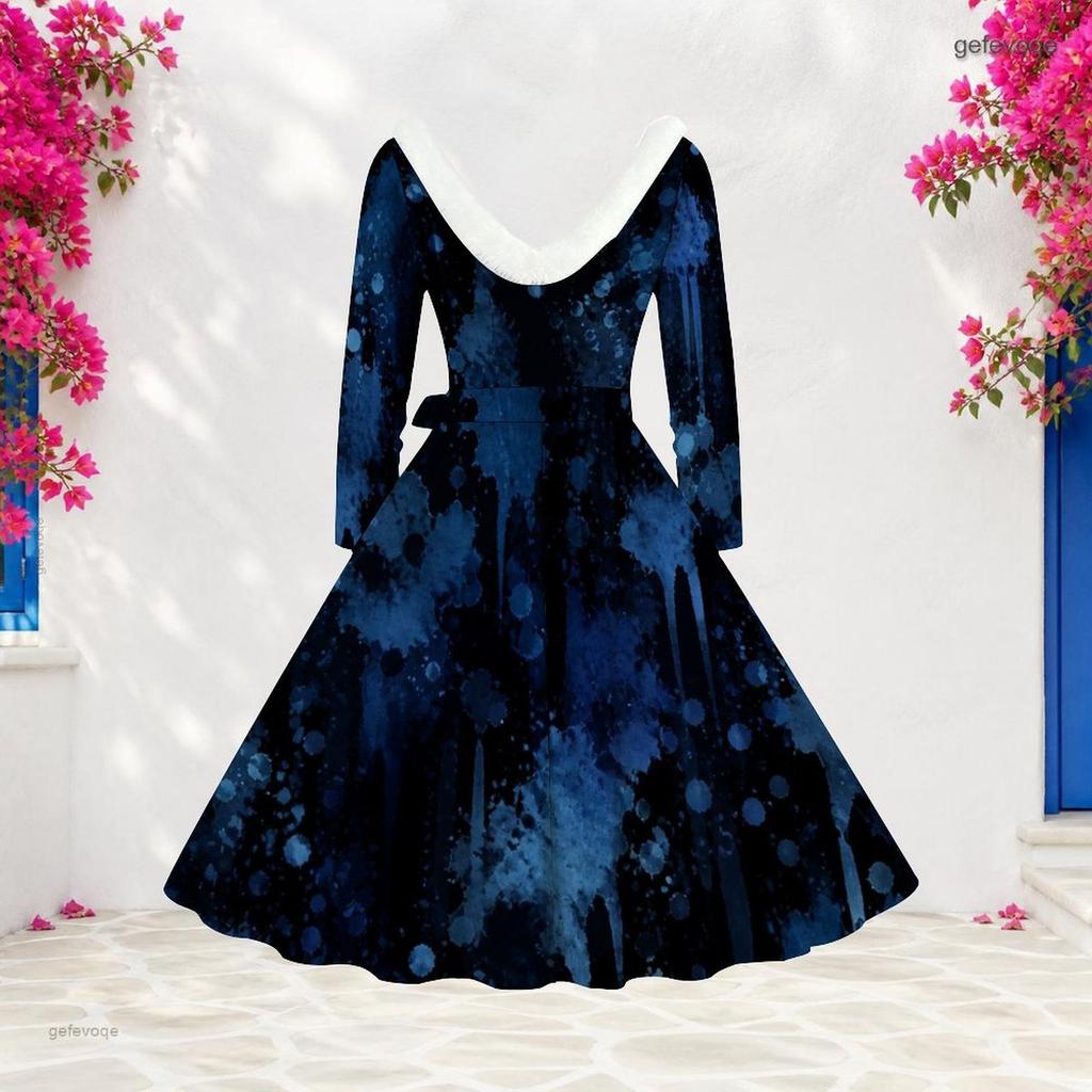 Women Plus Size V Neck Furry Trim Long Sleeve Printed Dark Blue Tie Waist A Line Midi Dress
