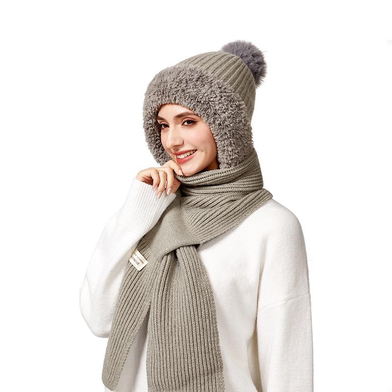 Winter Hat Long Scarf Integrated Wool Hat Women's Outdoor Ear and Neck Protection Double-Layer Velvet Warm Knitted Hat