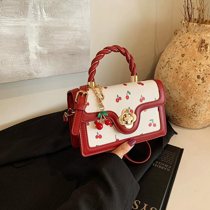 Women Cherry Square Bag PU Leather Sweet Cherry Crossbody Bag Adjustable Strap Sling Ladies Outdoor Small Handbags