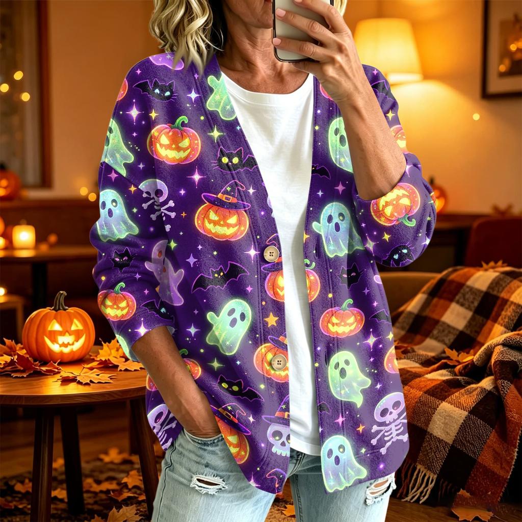 Women's Casual Long Sleeve Jacket with Halloween Print for Holiday