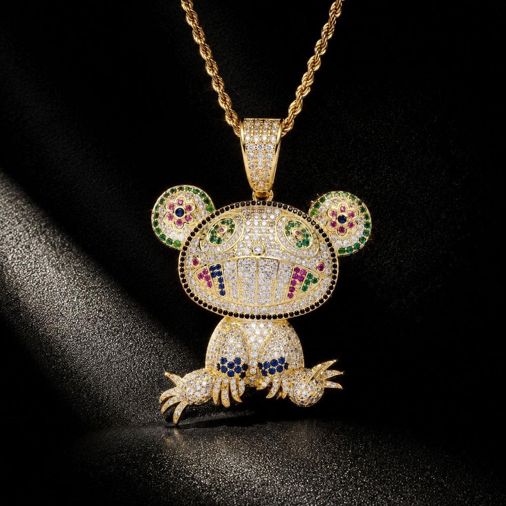 European and American Popular Color Frog Pendant with Copper Inlaid Zircon and Full Diamond Men's Hip-hop Necklace
