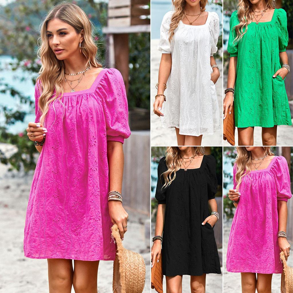 Diyun 2023 Summer European & American Solid Color Square Neck Jacquard Short Dress for Women - Elegant & Hollow Design