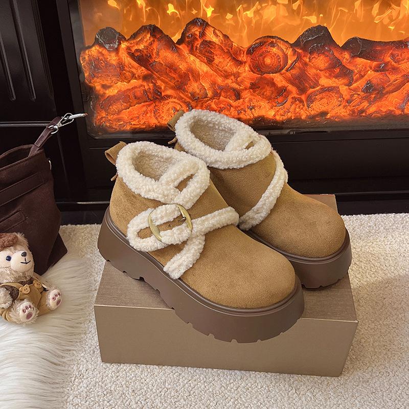 Women's thick-soled winter fur one belt buckle lightweight warm anti cold padded snow boots non-slip wear casual sneakers cotton boots