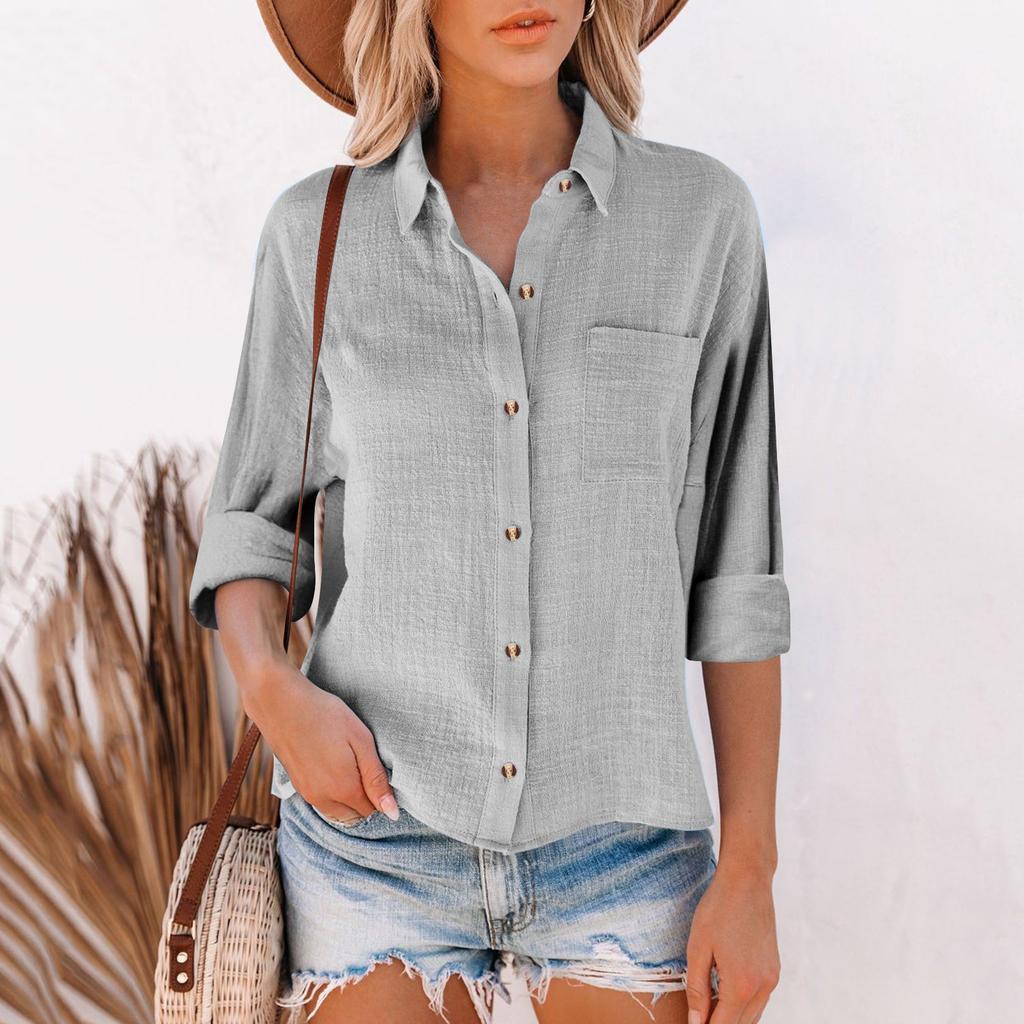 Women's Loose Cotton Linen Solid Color Long Sleeve Cardigan Irregular Pocket Shirt Top