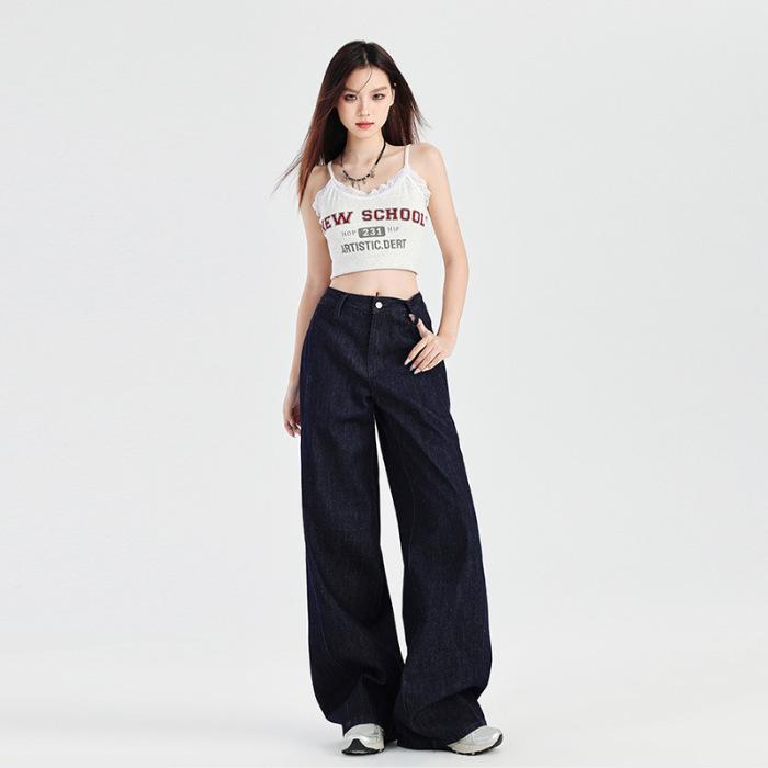 2024 Retro Curved Blade Denim Patchwork Wide-Leg Jeans for Women Extra Small