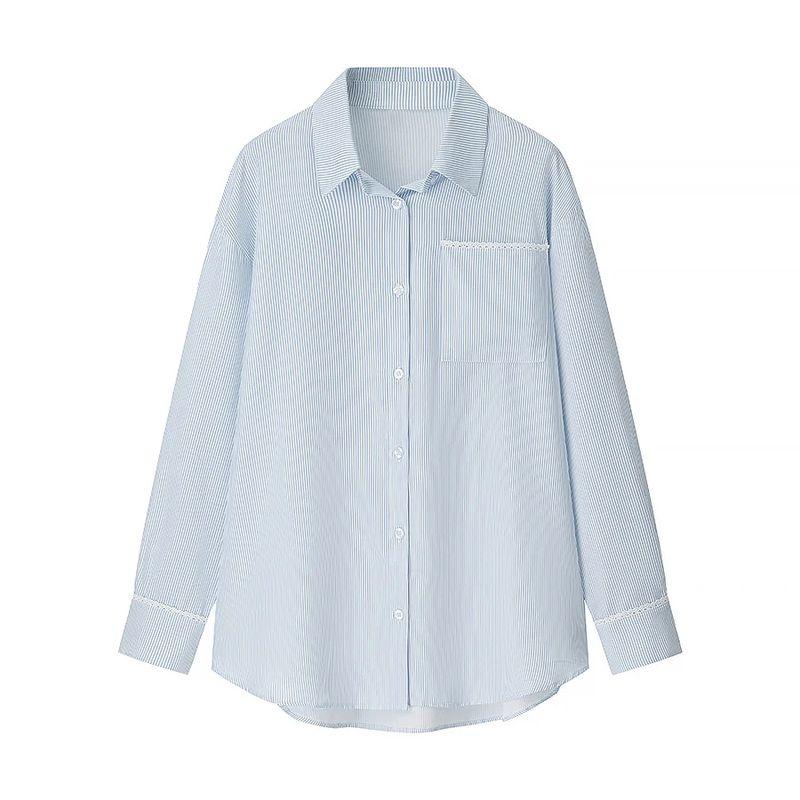 Autumn New Arrival Women clothes Two-piece Set Polo Collar Loose Long sleeve Stripe Shirts Casual Straight Wide Leg Trousers