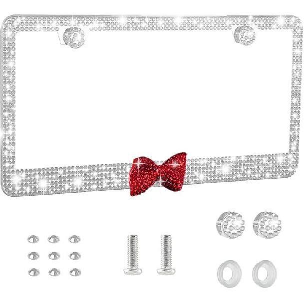 Bling License Plate Frame For Women - Sparkly Diamond Car Tag Cover With Rhinestone Crystals & Gift Bow, Stainless Steel Luxury Car Accessories For