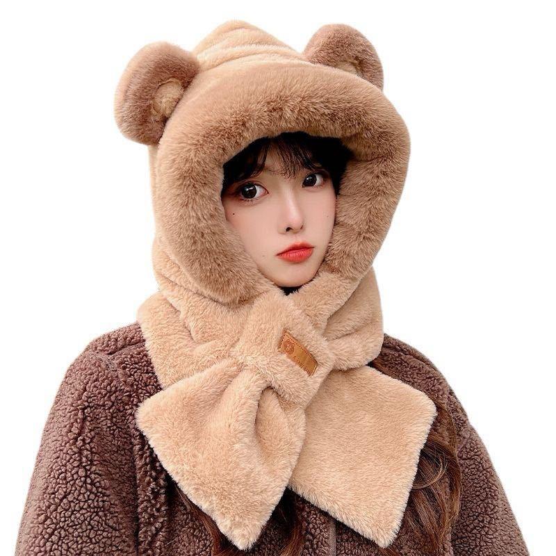 Winter Bear Hat Ear Protection Cold-proof Hooded Scarf Integrated Scarf Cycling Warm Plush Thickened Cute Winter