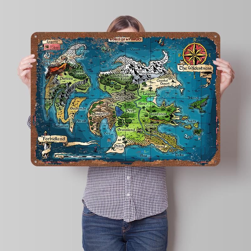 World of Mythflict Fantasy Map Printed Poster Customized Wall Art Retro Vintage Metal Tin Signs for Home Room Decoration Gaming