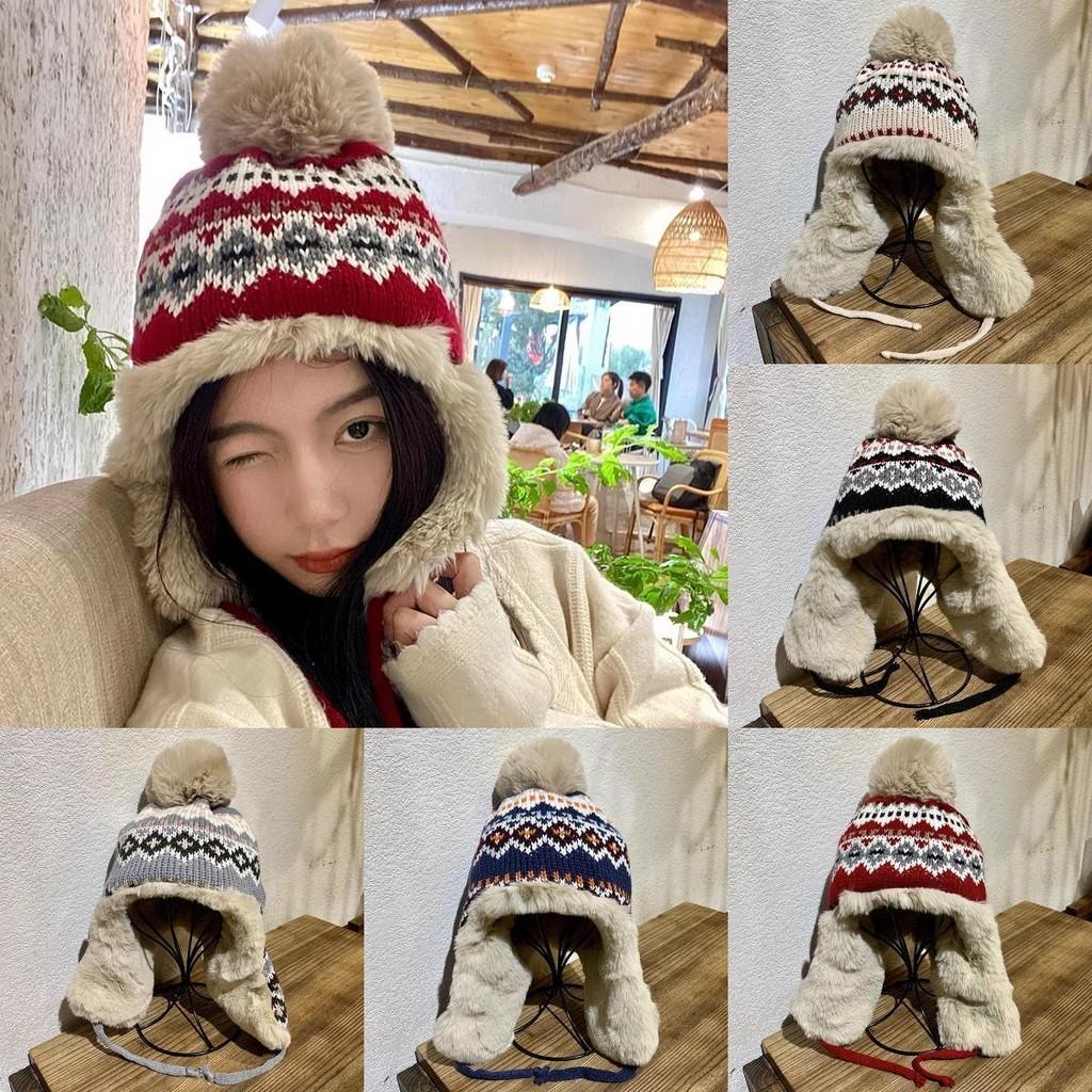 Winter Warm Cute Pom-pom Earflap Beanie Hat For Women High Top Short Brim Knit Ear Warmer Cap Trendy Red