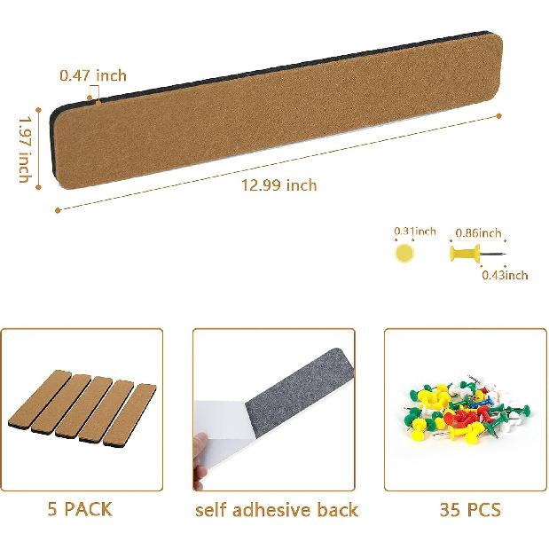 Felt Pin Board Bar Strips Bulletin Board for Bedrooms Offices Home Wall Decoration, Notice Board Self Adhesive Cork Board with 35 Push P for Paste