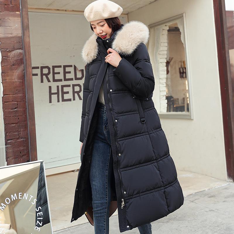 Winter New Down Cotton-padded Women's Plus Long Over-knee Big Fur Collar Slim and Thin Belt Hooded Women's Cotton-padded Clothes