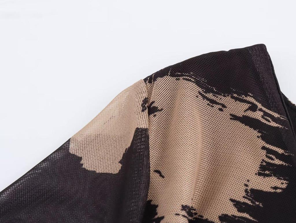 2024 Fall Women's European & American Style Cowl Neck Print Mesh Long Sleeve Dress