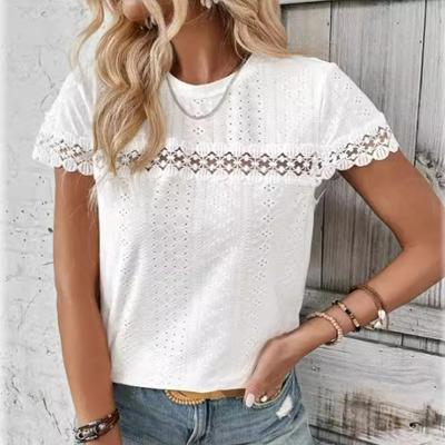 Damen Frühling/Sommer V-Ausschnitt Spitze Patchwork Locker Lässig Perforiertes T-Shirt
