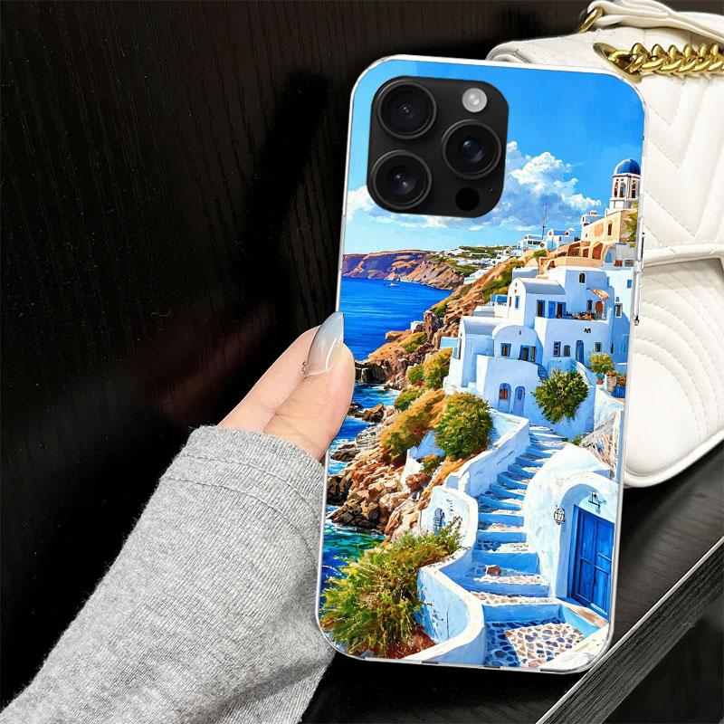 

Greece In Summer Santorini Case for iPhone 13 12 Mini 11 Pro Max Soft Phone Cover X XS XR 7 SE 8 Plus 6 6S 5 5S Silicone Black C iPhone XS