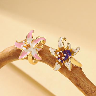 Mori Sweet Temperament Pastoral Style Oil Drop Enamel Glaze Stamen Flower Adjustable Opening Ring High-end Jewelry