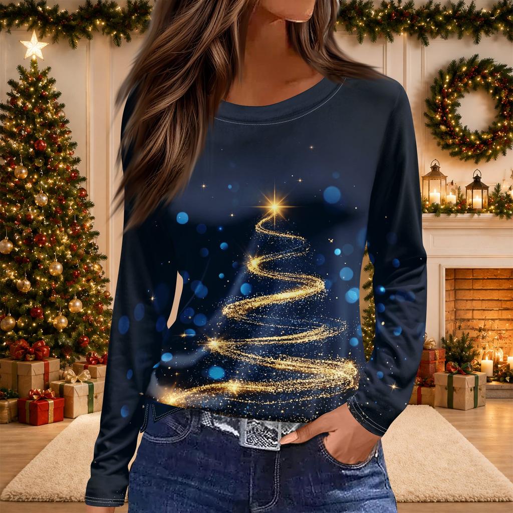 Women's Christmas Print Long Sleeve Top with Round Neck and Side Slit Hem Festive Holiday Blouse