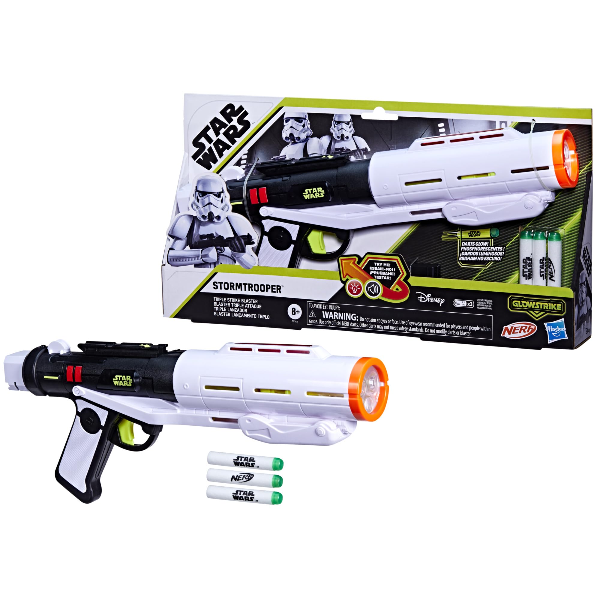 

Hasbro Star Wars Nerf Glowstrike Stormtrooper Triple Strike Blaster with Lights 3 Glowstrike Toy for Boys Ages G0762 Authentic & Sounds, Darts, &