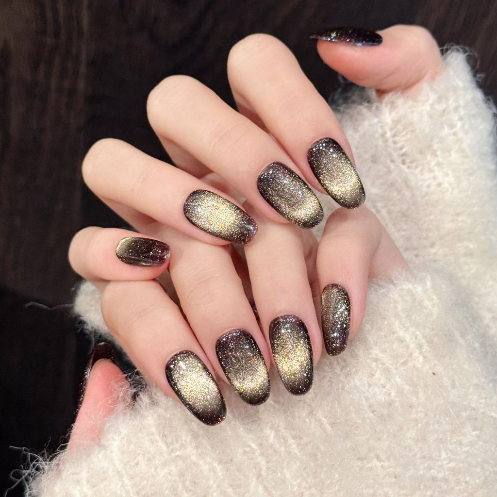 Glitter Cat Eye Press On Nails Ellipse Shape Short Gel Glue On Sparkly Nail Full Cover Stick On Nails Reusable Fake Nail Acrylic False Nails for Women