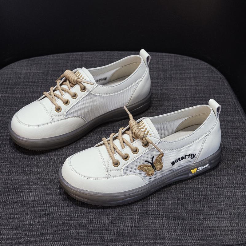 Women's White Leather Slip-On Sneakers - Spring/Autumn, Soft Sole, Butterfly Design, Casual Flats, Plus Sizes Available