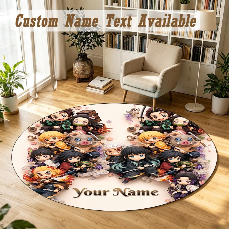 Round Rug Custom NameDemon Slayer Pattern Non Slip Carpet Home Floor Decor