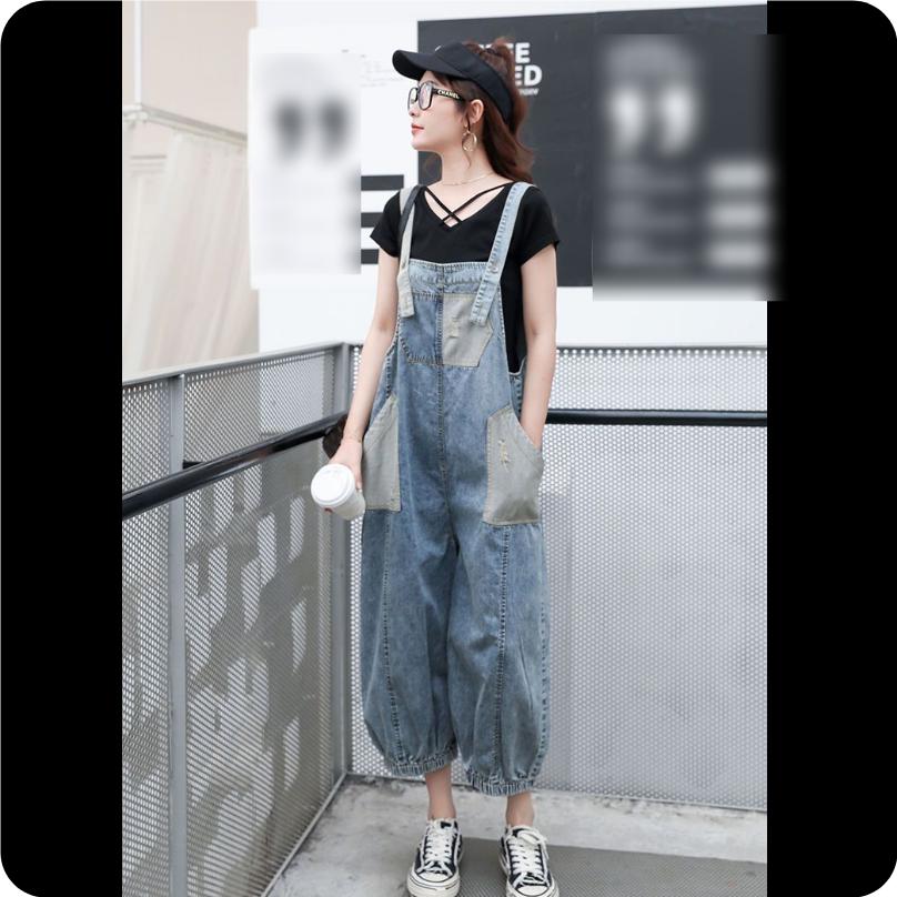 Retro Denim Overalls Women's Spring and Autumn Age-reducing Hong Kong Flavor Loose Patch Fashion Harlan Age-reducing Nine-point Pants