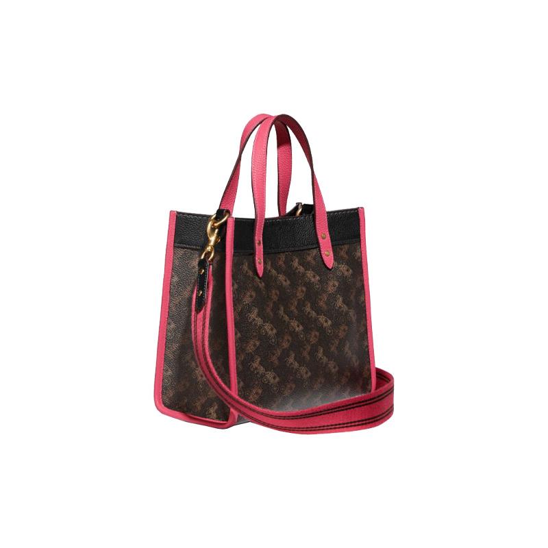 COACH Field 22 Classic Carriage Logo Print Leather Tote Bag Tote Bag Shopping Bag Shoulder Crossbody Handbag Small Women’s Brown Pink Color Blocking