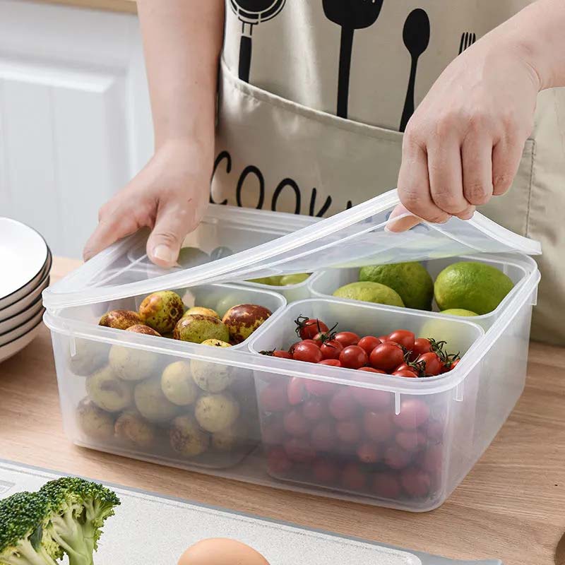 

4 отделения Коробка для хранения свежих продуктов Холодильник Контейнер с морозильной камерой Микроволновое отопление Пластиковая коробка Пищевой полипропилен Герметичная коробка для овощей и фруктов прозрачный