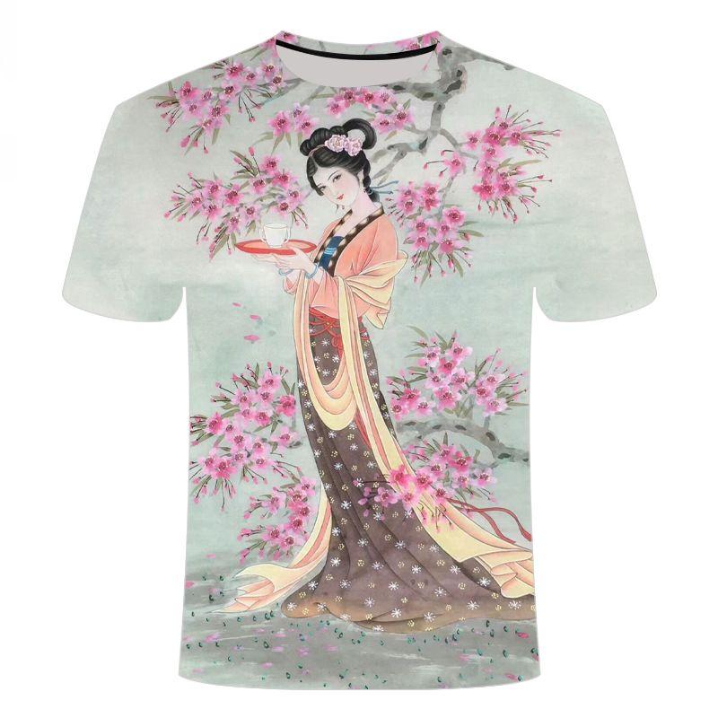 Japanese Style Cherry Blossom Girl Printed T-shirt Tees O Neck Loose Short Sleeve Blouse Female Fashion Animal Graphic Tops Harajuku Streetwear