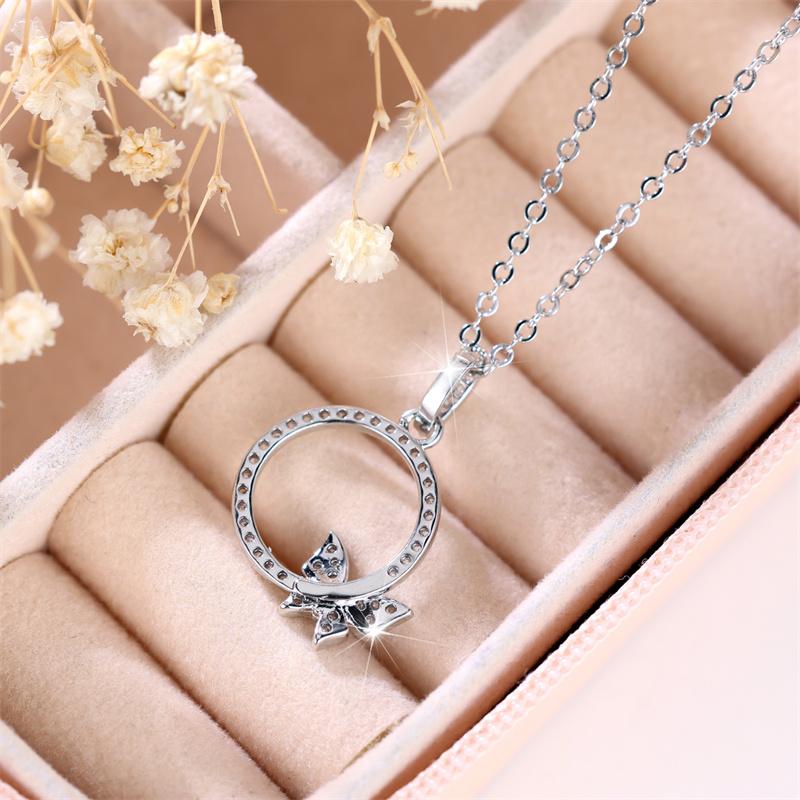 Fashion Female White Round Butterfly Pendant Necklace Cute Silver Color Necklaces For Women Wedding Jewelry Gift