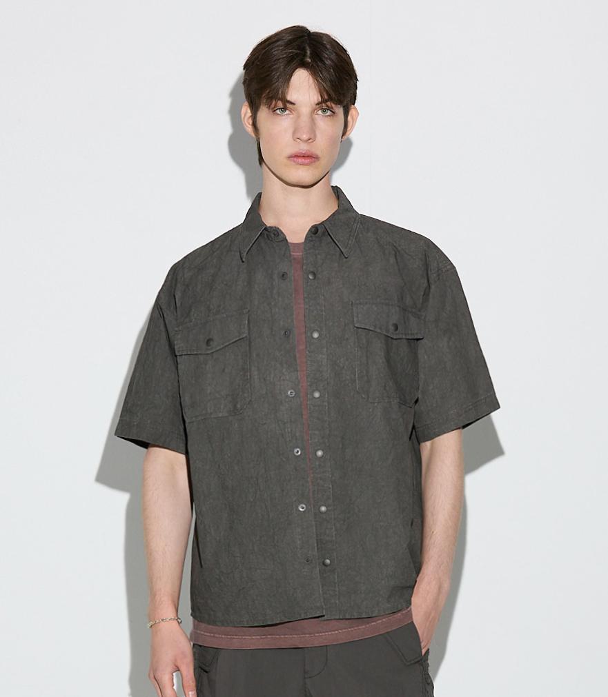 Burkeru Nylon Pigdye Two-Pocket Short Sleeve Shirt Charcoal Gray Charcoal Grey_M