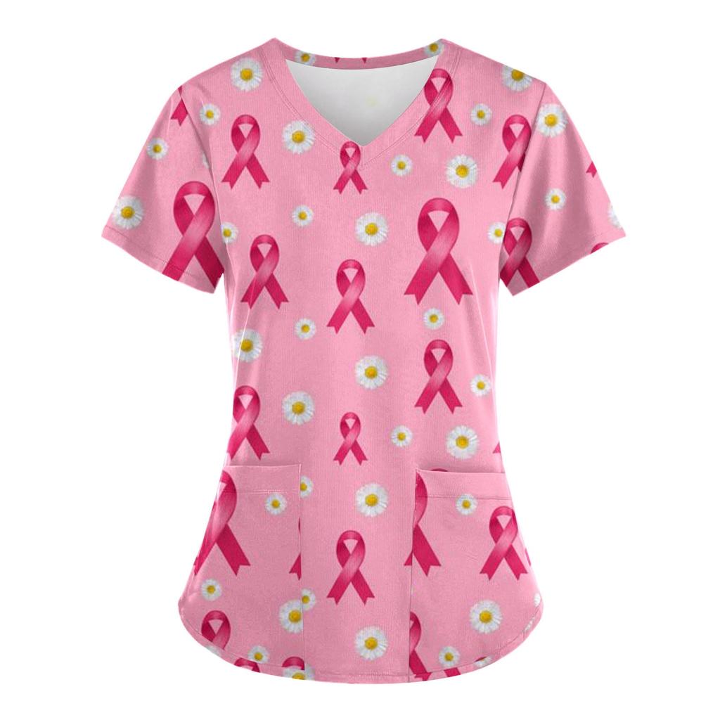 Scrubs Medical Uniform Pink Ribbon Cancer Fighter Graphic Women's Uniforms V Neck Short Sleeve Tops with Pockets Scrubs for Wome