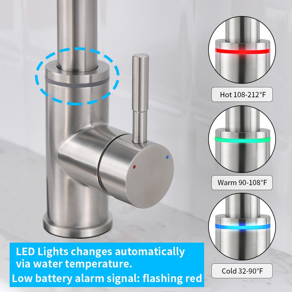 Brushed Nickel Kitchen Faucet Single Hole LED Style Pull Out Spout Kitchen Sink Stream Sprayer Head Black Mixer Tap LED 866006