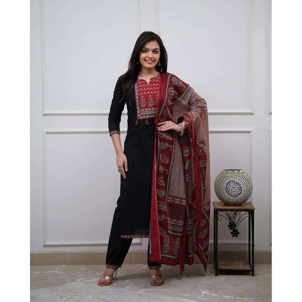 Indian Women Designer Kurta Pant Dupatta Set Bollywood Top Tunic Cotton Kurti VFP-1804a