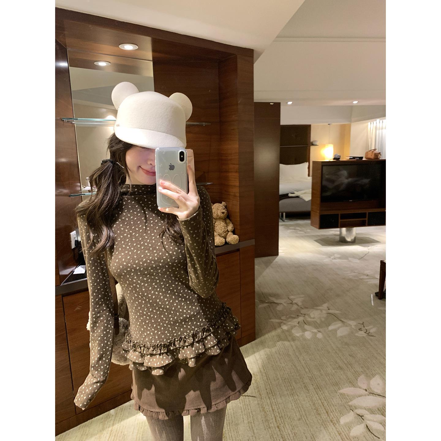 Women s Korean High Neck Printed Lace Hem Thermal Long Sleeve Top Small