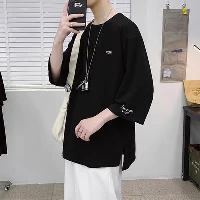 Men's Summer Lightweight 3/4 Sleeve T-Shirt Loose Fit, Plus Size, Korean Style Short Sleeve Top